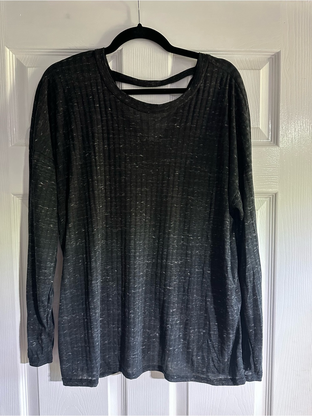 Black Long-Sleeve Ribbed Knit Top with Back Strap Detail